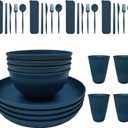 Wheat Straw Plastic Dinnerware set 32 piece Unbreakable plates and bowls sets for 4 Dishwasher Microwave Safe Dinnerware sets (Blue 32PCS)
