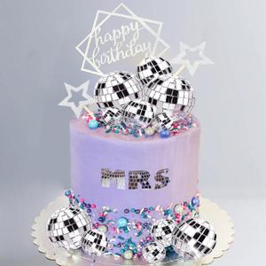 33Pcs Disco Ball Cake Toppers Silver Disco Balls Cake Decorations with Mirror Balls Happy Birthday Cake Topper and Star Cake Toppers for 70s 80s Disco Music Dance Themed Party Decorations Supplies, 5.9 Inches X 1.57 Inches
