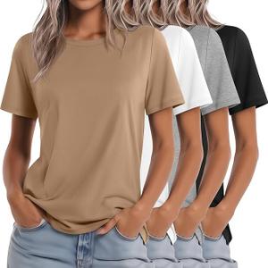  4 Pack Women's Crew Neck T Shirts Summer Short Sleeve Casual Basic Tops Loose Fit Flat Hem Tees, Size XL 