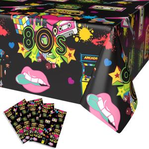 FunHot 80s Tablecloths, 80s Party Decorations, 4 Pcs 54 x 108 Inch Waterproof Rectangle Black Print Table Covers for Nostalgia Back to The 80s Theme Birthday Party Decorations