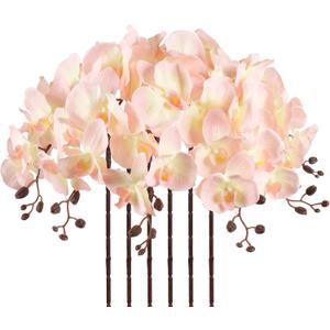 41.34" Orchid Artificial Flowers 6PCS Velvet Silk Faux Orchids Long Stem Artificial Flowers for Tall Vase for Home Wedding Party Decoration(Peach)