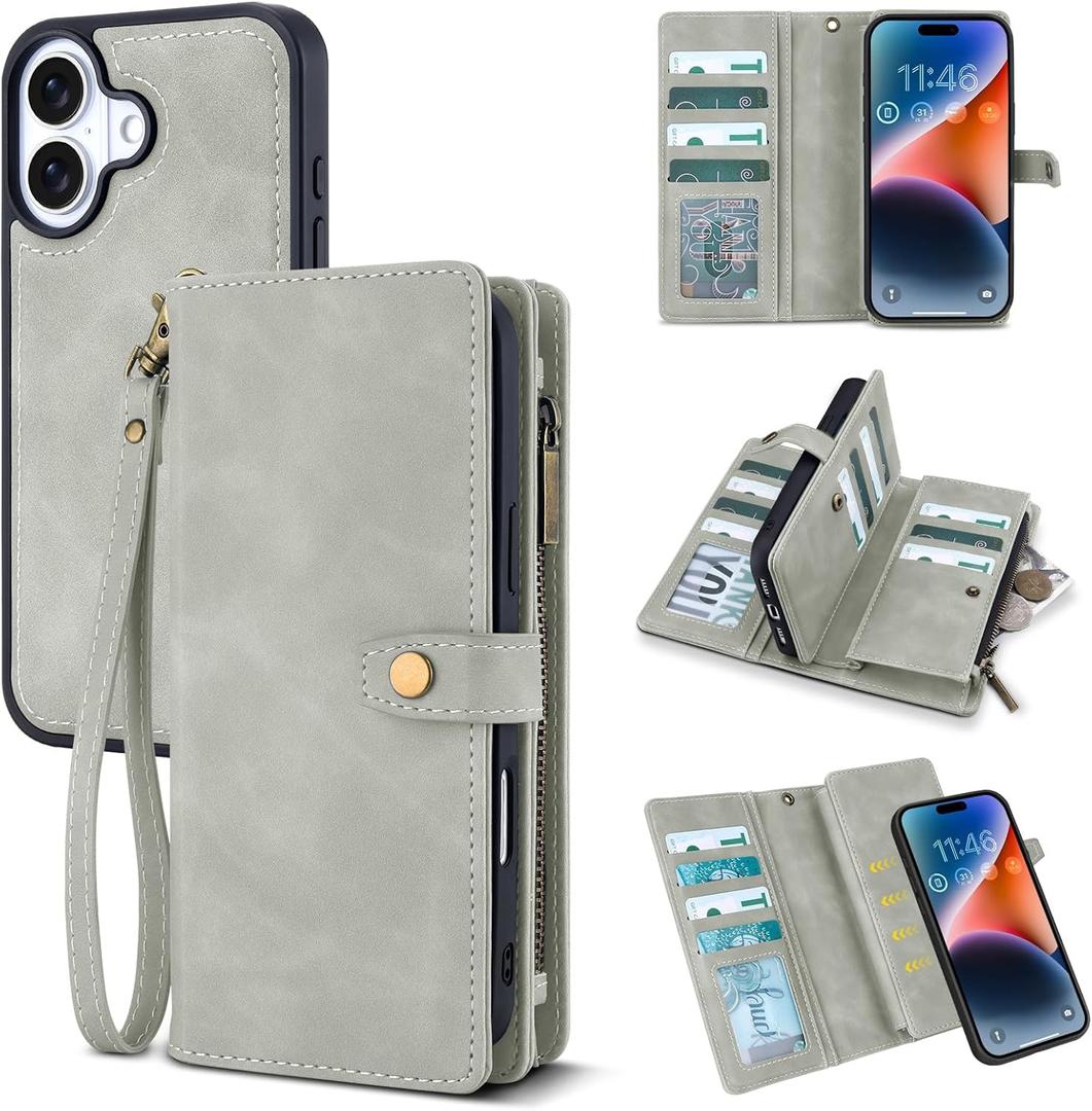 TwoHead Wallet Case Compatible with iPhone 17,Detachable,Magnetic,11 Cards Holder,PU Leather All-Round Protective Phone Case with Change Pocket(6.3 in,Gray)