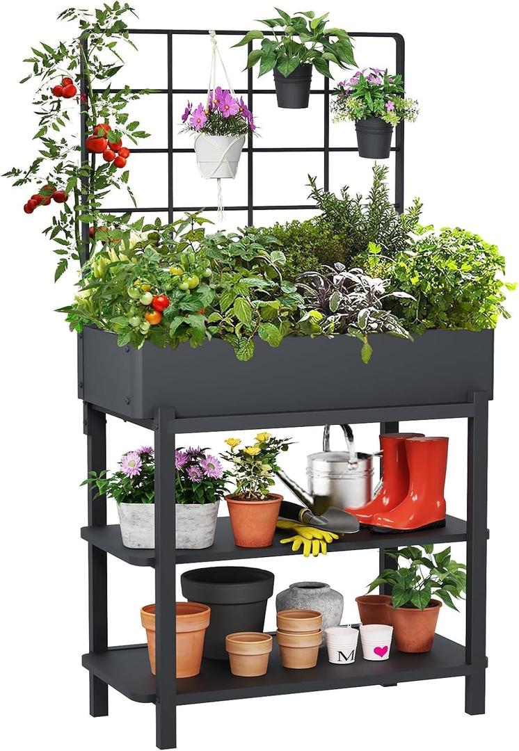 Metal Raised Garden Bed with Trellis & 2-Tier Storage Shelf, Elevated Planter Box with Legs -Includes 3 Flower Pots, Outdoor Vertical Garden for Vegetables Herbs Climbing Plants Patio Balcony, 37 Inches X 12 Inches X 62 Inches