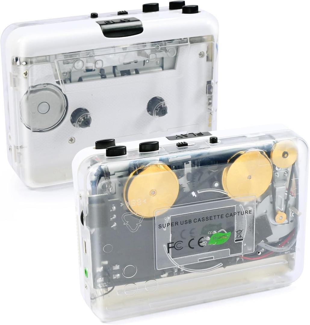 Auto Reverse Clear Stereo Cassette Player,Built-in Cool Copper Wheel MovementEarphone,Cassette Tape to MP3 Converter with Tape Converter Software,Powered by USB Power Cord or AA Battery
