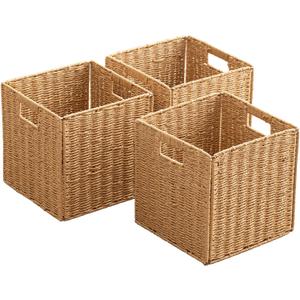 Foldable Storage Baskets with Handles Paper Rope Storage Baskets Rectangle Collapsible Hand Woven Storage Cubes Bins for Organizing Shelves Living Room Bedroom Pantry (3, 11'' x 11'' x 11'') (Natural)
