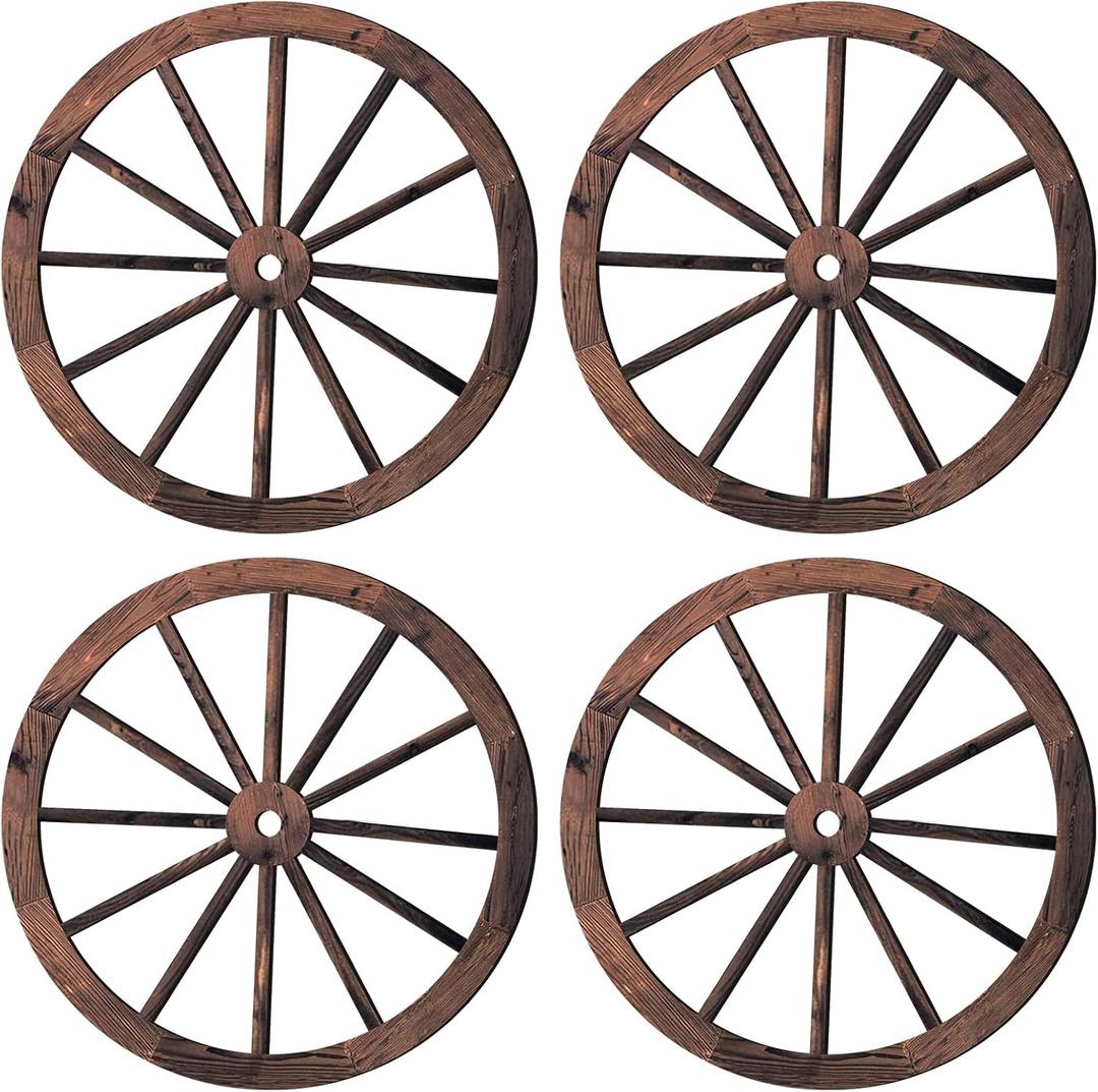 Qunclay 4 Pcs Wagon Wheel Decorative Wooden Vintage Old Western Party Farmhouse Wagon Wheels Rustic Yard Hanging Wall Decor for Garden Home Bar Garage(17.7 Inch)