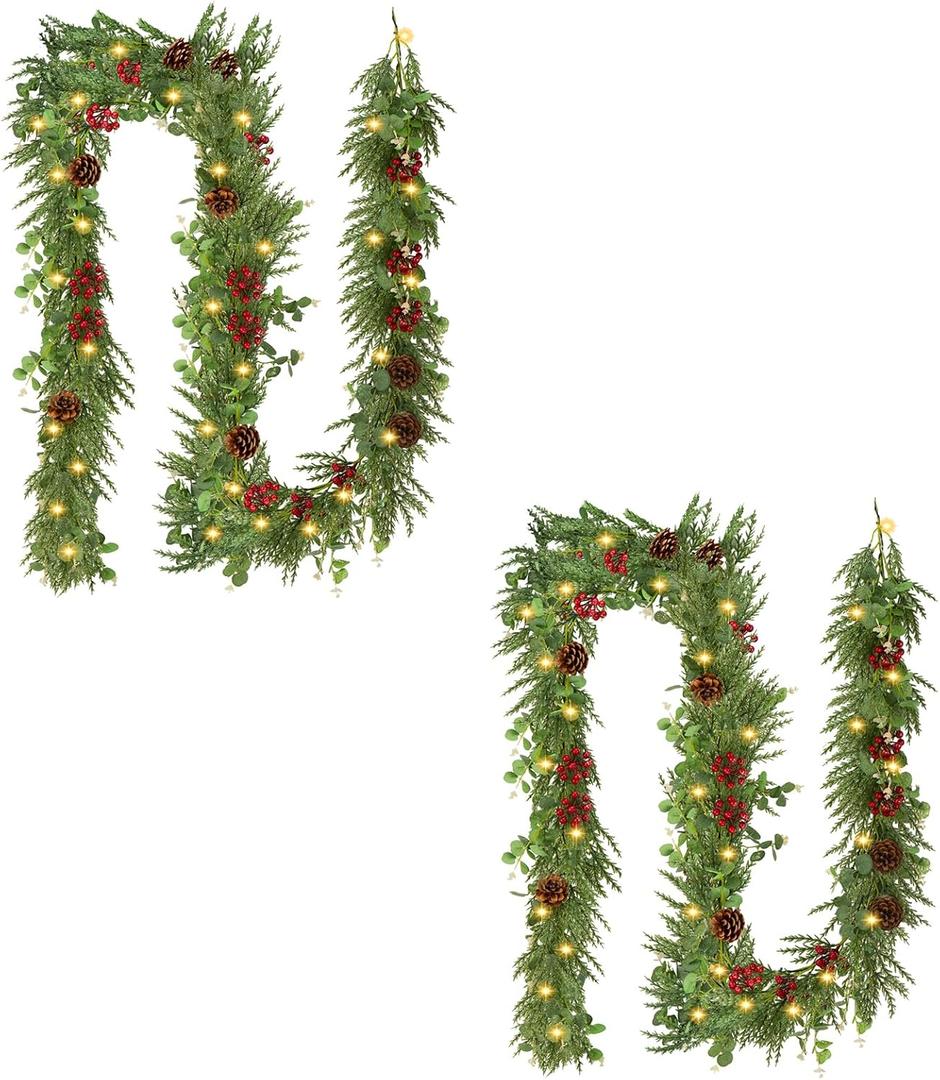 2PCS 9FT Christmas Decorations Cedar Garland, Realistic Soft Pine Wreath, Artificial Green Faux Cedar Pine Garland for Fireplace Mantle Indoor Outdoor Holiday Party Home Decor( 2,9FT)