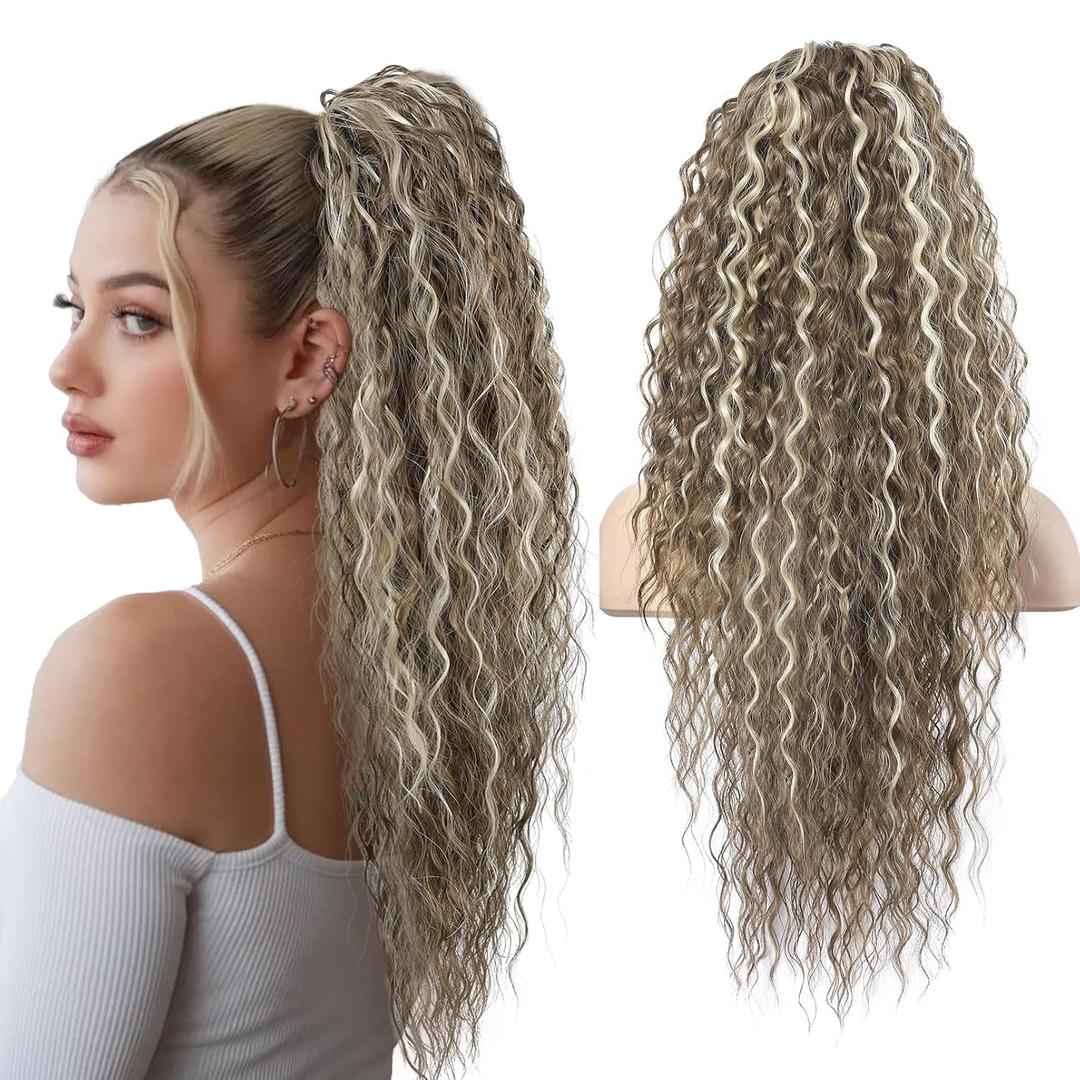 Flufymooz Ponytail Extension, 26 Inch Bohemian Style Drawstring Ponytail Hair Extensions for Women, Long Curly Wavy Pony Tail Natural Synthetic Hairpiece for Women (Ash Brown with Blonde Highlights)