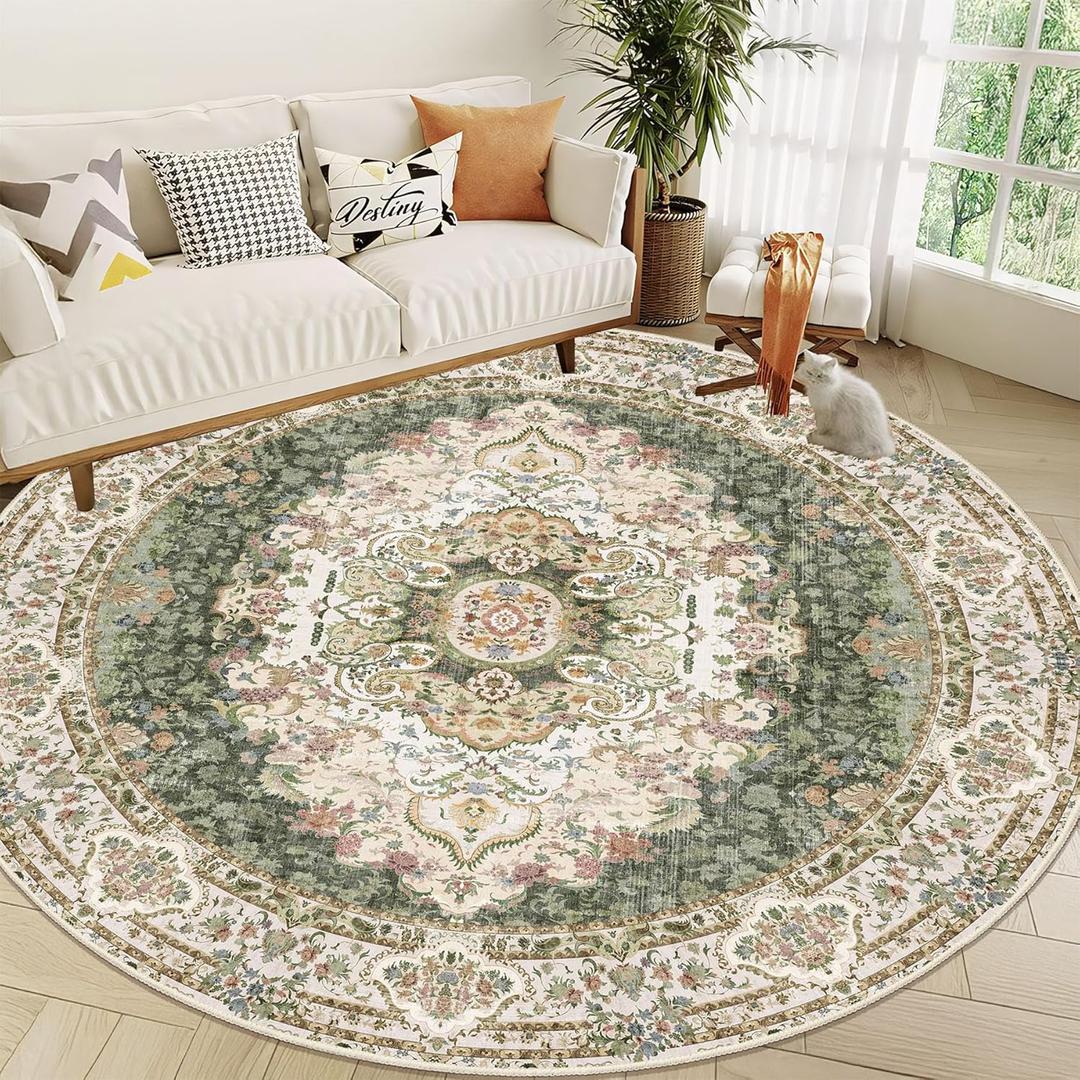 Green Round Rug 9ft, Large Circle Area Rug for Bedroom Living Room Dining Room, Washable Boho Vintage Bohemian Distressed Oriental Carpet Non Slip, Sage Floral 9'x9'