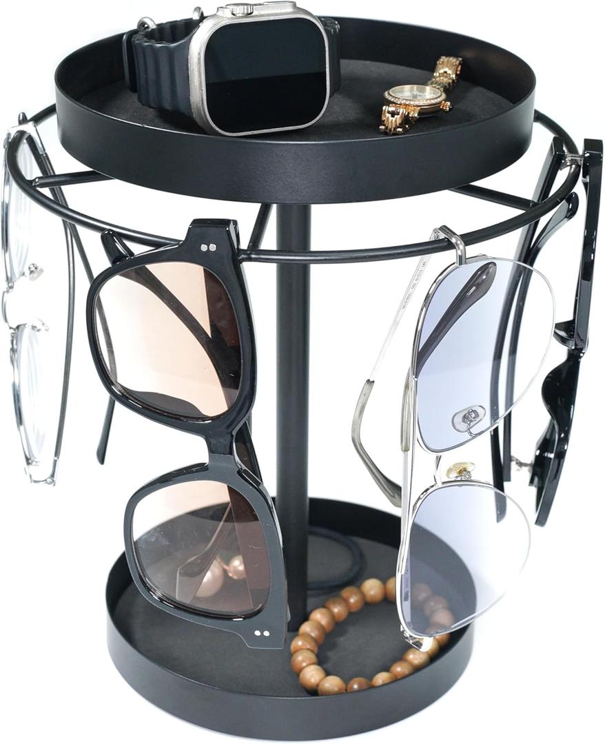REDANT Metal Sunglasses Organizer, 360 Rotating Glasses Holder Stand with Storage Tray and Jewelry Box, Eyeglasses Holder with Anti-Slip Pads for Tabletop, Desk, Dresser, Black
