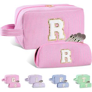 2pcs Personalized Initial Makeup Bag Set A-Z, Travel Toiletry Bag Preppy Cosmetic Bag Make Up Pouch for Women Valentines Mothers Day Birthday Gifts for Teen Girls Trendy Stuff (Rose Red, R)