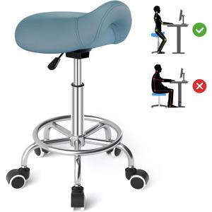 YEEZEE Saddle Stool Ergonomic- Comfortable Rolling Saddle Stool with Wide Thick Saddle Seat Padding, Swivel Adjustable Saddle Chair with Wheels and Ring Pedal for Medical Massage Salon (Blue)
