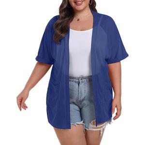 OLRIK Plus Size Lightweight Cardigan for Women Summer Sheer Short Sleeve Cardigan with Pockets Beach Cover Up (3X, Navy Blue)