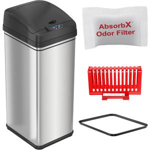 iTouchless 50 Liter / 13 Gallon Sensor 2.0 Kitchen Trash Can with Lid Lock and AbsorbX Odor Filter, Touchless Lid, Stainless Steel Garbage Recycling Bin for Kitchen, Home, Office, Business