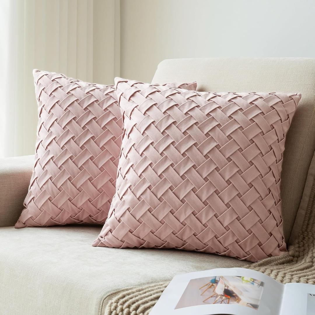 Velvet Decorative Throw Pillow Covers Set of 2, 18x18 Inch Soft Modern Weave Cushion Case, Farmhouse Home Decor Pillowcase for Sofa Living Room Couch Bed Blush