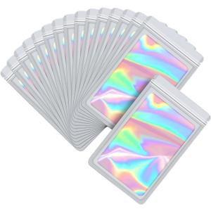 100-pack 69 inch mylar bags with clear window holographic resealable sealable packaging zip bag for small bussiness jewelry candy sample food packing supplies white