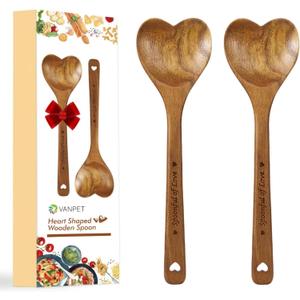 Wooden Heart Spoons - Heart Shaped Wooden Spoon Kitchenware for Cooking with Love, Unique Mother's Day Gifts for Cooks Hostesses Mom Grandma Wife Weddings House Warming Kitchen Accessories (2 PCS)