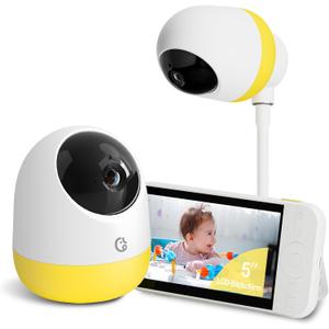 Ellie Pro Baby Monitor with Camera and Audio,5'' IPS 2K UHD Resolution,6000mAh Battery, Remote Pan-Tilt-5X Zoom, 2-Way Talk,No WiFi, Night Vision, Virtual Fence 24hr Play Back and 1000ft Range (Yellow1)