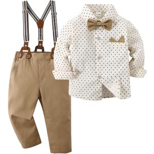 Boarnseorl Baby Boys Gentleman Outfits Pants Sets, Infant Long Sleeve Shirt + Pants + Bow Tie + Suspenders, 6-7T