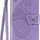 Samsung Galaxy S25 Plus Case Wallet PU Leather Credit Card Holder Full Body Cute Butterfly Design with Wrist Strap Soft TPU Bumper Full Body Protective Phone Case for Girls Women Light Purple