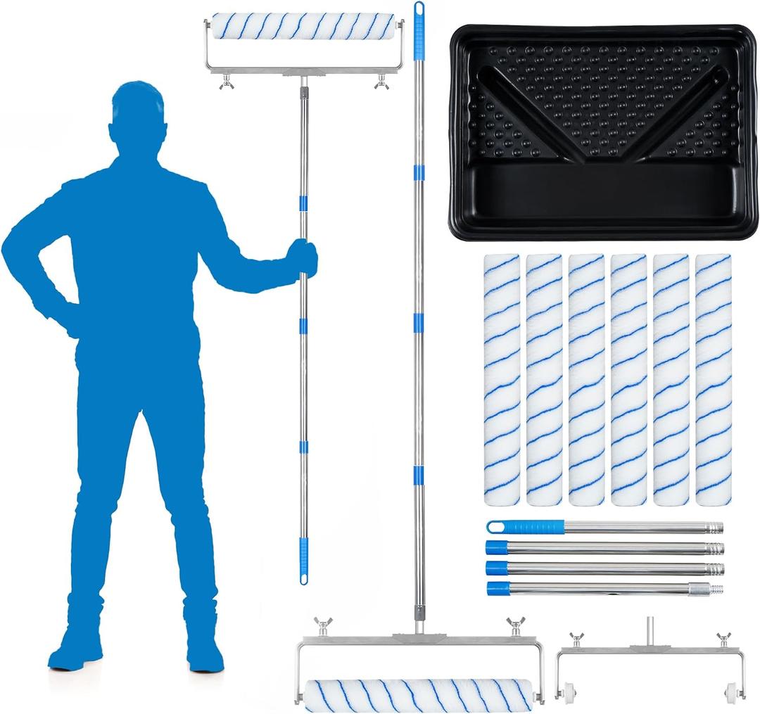 12 Pcs 18 Inch Paint Roller Kit, 12-18" Adjustable Roller Frame & Extendable Pole, Large Paint Roller Sleeves with Tray, Ceiling Paint Roller Set for Walls