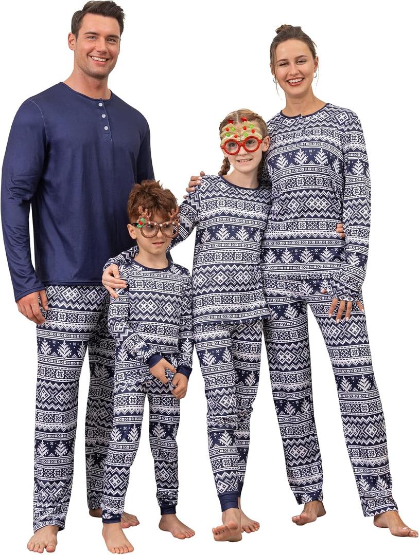 Rnxrbb Matching Family Christmas Pajamas Sets Christmas Pjs for Family Xmas Sleepwear for Kids Women Men Couples 2025 (9-10 Years, Button Navy Tree)