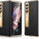 for Samsung Galaxy Z Fold 3 Case, Electroplated Frame, Luxury Leather Back, Full Magnetic Hinge Protective, Screen Protector, Metal Stand, Thin & Slim Stand Phone Cover 5G 2021, Black