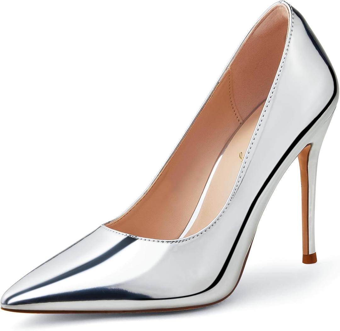 Elisabet Tang Women's High Heels Pumps Closed Pointed Toe Stiletto 4inch Heels Classic Office Special Dressy Wedding Pump Shoes Silver 8