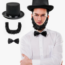 Abraham Lincoln Costume- 3 Pcs Black Top Hat Costume Set with Authentic Beard and Traditional Bowtie- Historic Presidents Day Costume for Adults - Patriotic Costume