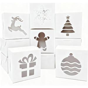 24 PCS Christmas Cookie Boxes White Bakery Treat Boxes with Window, Christmas Cookie Containers for Gift Giving, Holiday Party Favor Pastries, Cupcakes, Donuts, Brownies, 4"x 4"x 2.5"