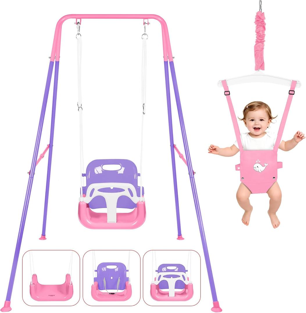 4 in 1 Toddler Swing Set & Baby Jumper, Foldable Swing Set for Backyard