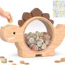 Summidate Wooden Dinosaur Piggy Bank for Kids Boys, Cute Wood Dino Money Bank for Toddlers, Creative Saving Coin Jar, Personalized Present for Child Birthday & Decor (Natrul Wood, Standard)