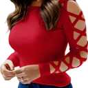 Women Sexy Tops Cold Shoulder Criss-Cross Long Sleeve Shirt Dressy Casual Hollow Cut Out Night Club Party Blouse (Large, Red)