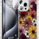 Magnetic for iPhone 15 Pro Case [Compatible with MagSafe][with Screen + Camera Protector] Floral Flower Sunflower Pattern Design, Slim Shockproof Phone Cover for Women Girls