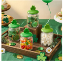 4 Pcs St. Patrick's Day Glass Mason Jar with Shamrock Cap Leaf Clear Candy Jar Decorative St Patrick's Day Glass Storage for Cookie Chocolate Candy Sweets Gift Table Party Decorations