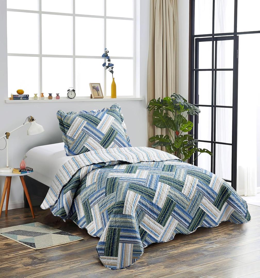 Brilliant Sunshine Teal Herringbone Patchwork, 2-Piece Quilt Set with 1 Sham, Reversible Bedspread, Soft Lightweight Coverlet, All-Season, Twin, Teal