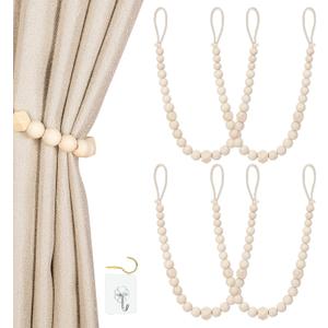 Wood Bead Curtain Tiebacks, KLOGTSIND Set of 4 Curtain Holdbacks for Thin or Thick Window Draperies, Boho Farmhouse Curtain Tiebacks with Hooks, Curtain Tie Backs for Home Office Room Decor