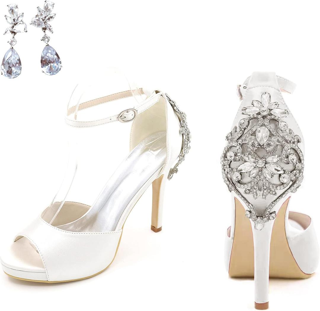 Lady Satin Dress Platform High Heels Wedding Sandals Crystal Back with Free Earrings, Size 38.5