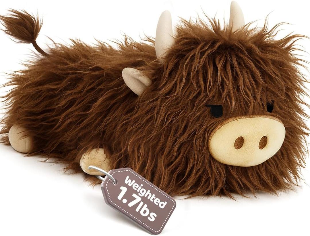 Puffpals Weighted Plush, Cute Highland Cow Weighted Stuffed Animal with Beads, Soft Sensory Plush Pillow Toy for Kids & Adults (13.4in, 1.7lbs)