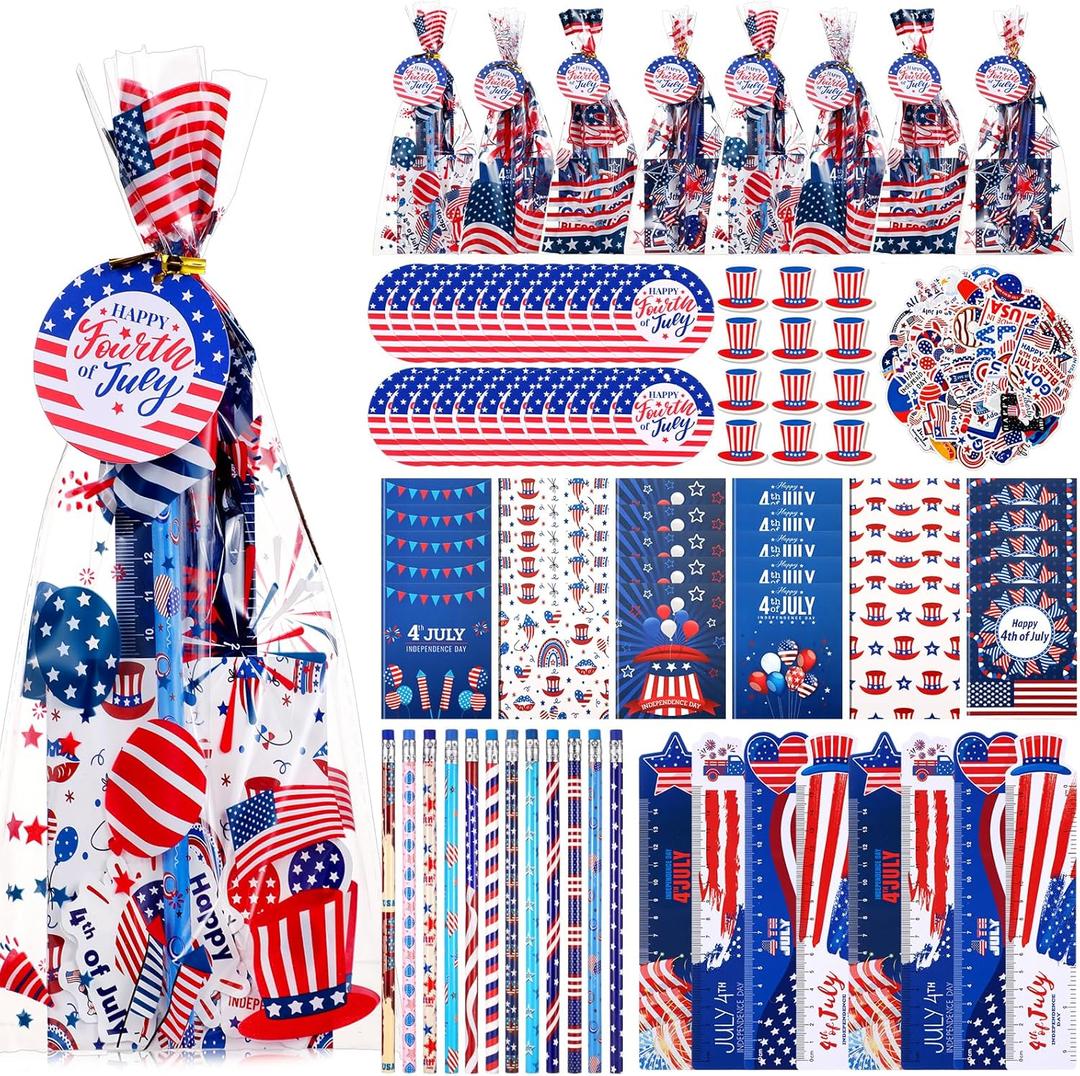 Supervitae 194 Pcs 4th of July Party Favors Patriotic Goodie Bags Fillers Independence Day Notebook Pencil Sticker Memorial Day Prizes