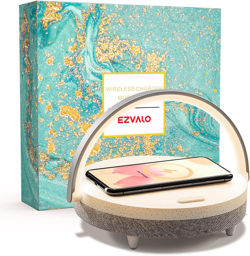 EZVALO Gift for Her, Music Table Lamp with Wireless Charger, 4 in 1 Touch Bedside Lamp, Portable Bluetooth Speaker, Phone Holder, Dimmable LED Night Lights Birthday Gifts for Women, Men, Dad, Mom (White)