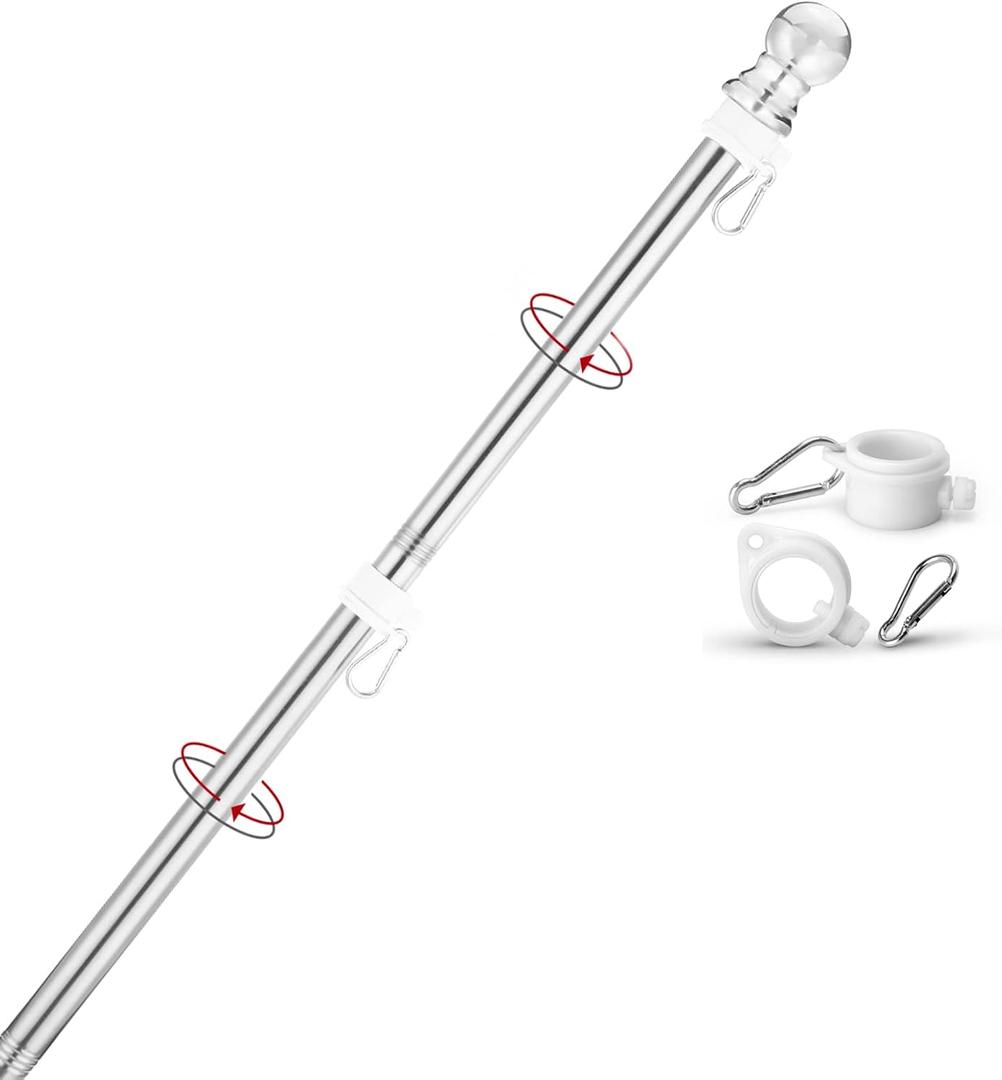 Flag Pole,6FT Flagpole Kit for 3 x 5 American Flag-360 Tangle Resistant Technology,Stainless Steel Professional Outdoor Flag Pole for House Truck & Boat Use (Without Bracket,Silver) (1pc)