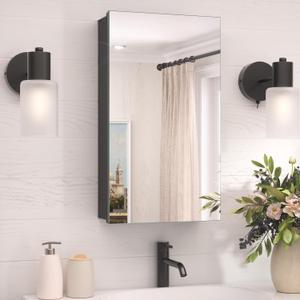 14x24 Bathroom Mirror with Storage Tempered, Aluminum Black Recessed Medicine Cabinet with Mirror Frameless Stepless Adjustable Shelf, Surface Mount Medicine Cabinet for Bathroom
