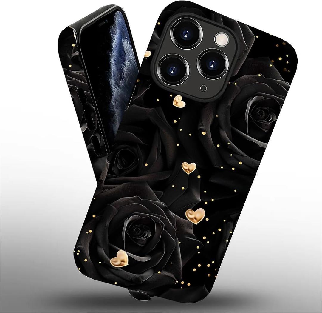 for iPhone 11 Pro Max Case,Golden Love Black Rose Pattern for Girl Women Boy Hard Hybrid Shell Shockproof Silicone Full Body Protective Case for iPhone 11 Pro Max