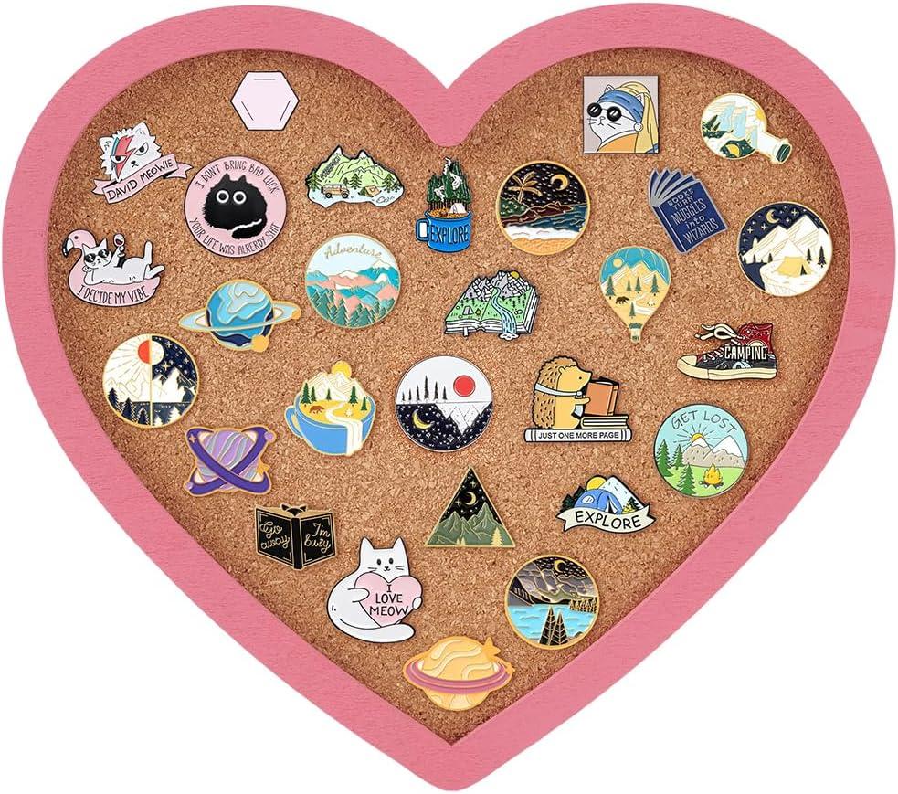 BENECREAT Pearl Pink Heart Pin Cork Board, 7.8x7.1inch Bulletin Display Board Wall Mounted Cork Board with Pink Frame for Brooch Pin Storage Display, Office Home and School Decor