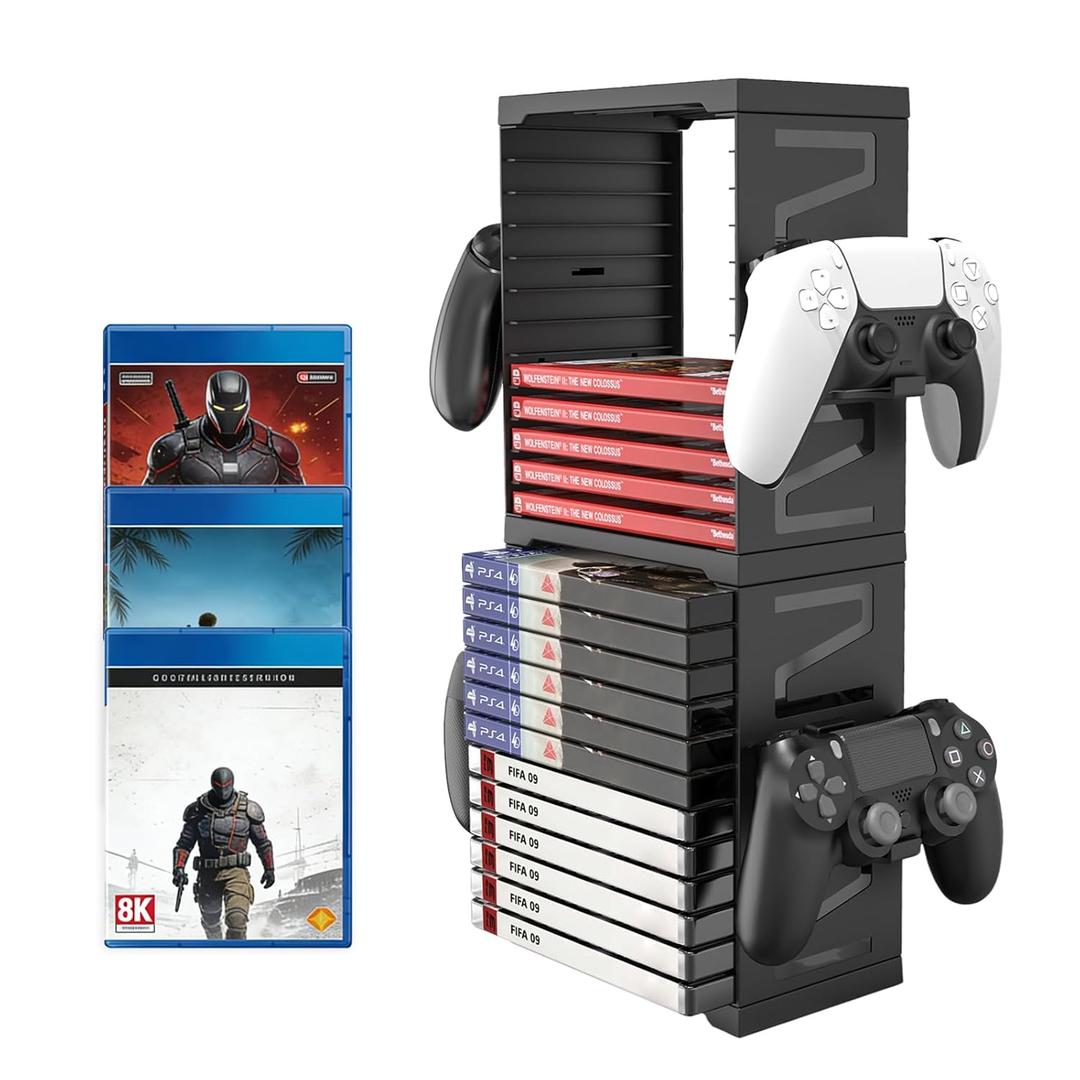 ASFSKY Video Game Storage Tower - 24 Games Video Game Organizer & Holder with 4 Controller Hooks, Universal Video Game Storage Compatible with PS5/PS4/Xbox/Switch - Gamer Gifts