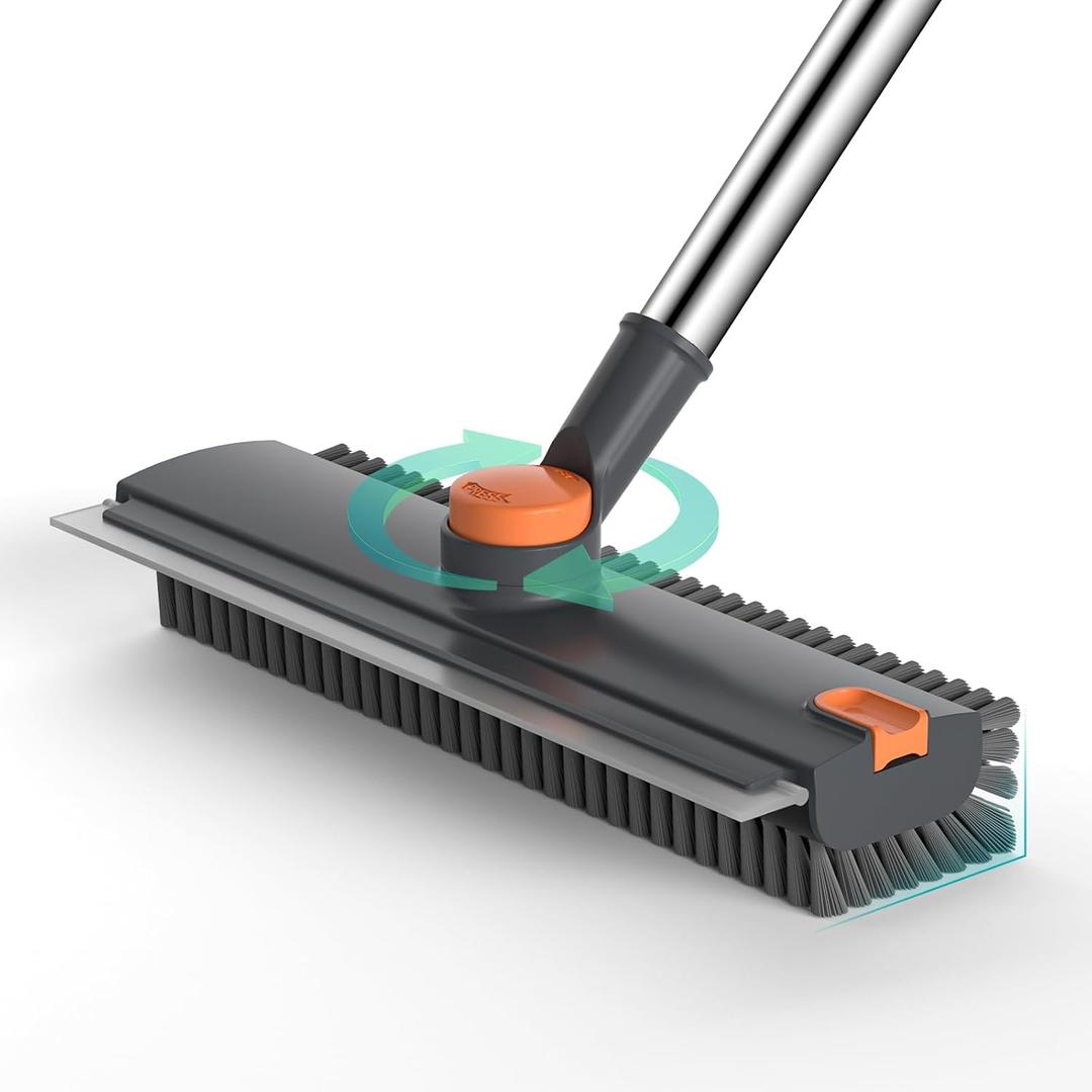 Floor Scrub Brush with Long Handle Length Adjustable, 3 in 1 Heavy-Duty Stiff 90 Bristle Floor Scrubber Broom with Squeegee, Cleaning Brush for Bathroom, Garage, Kitchen, Tile, Deck & Patio (Gray)