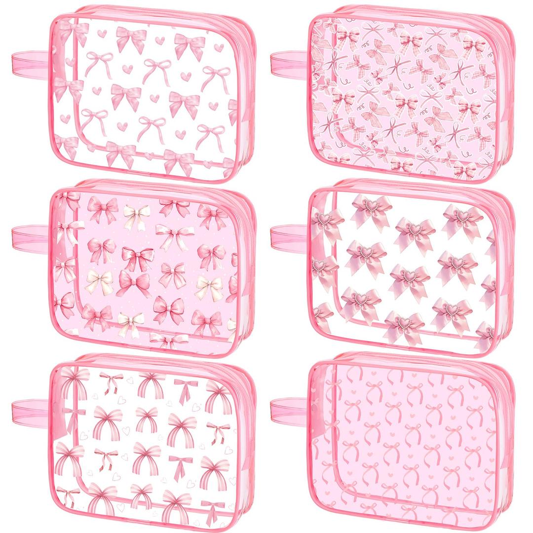Kacctyen 6 Pcs Coquette Pink Bow Makeup Bags Gifts Accessories for Cosmetic Bags Pink Bow Gift Clear PVC Cheer Case Toiletry Zipper Pouch Waterproof Travel Toiletry Handbag Purses Organizer for Women