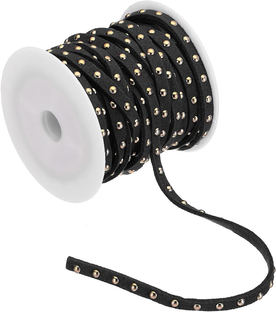 PATIKIL 16.4ft Studded Faux Suede Cord Rope for Jewelry Making, 5mm Micro Fibre Flat Leather Lace Beading String Ribbon with Rivets, Black Golden