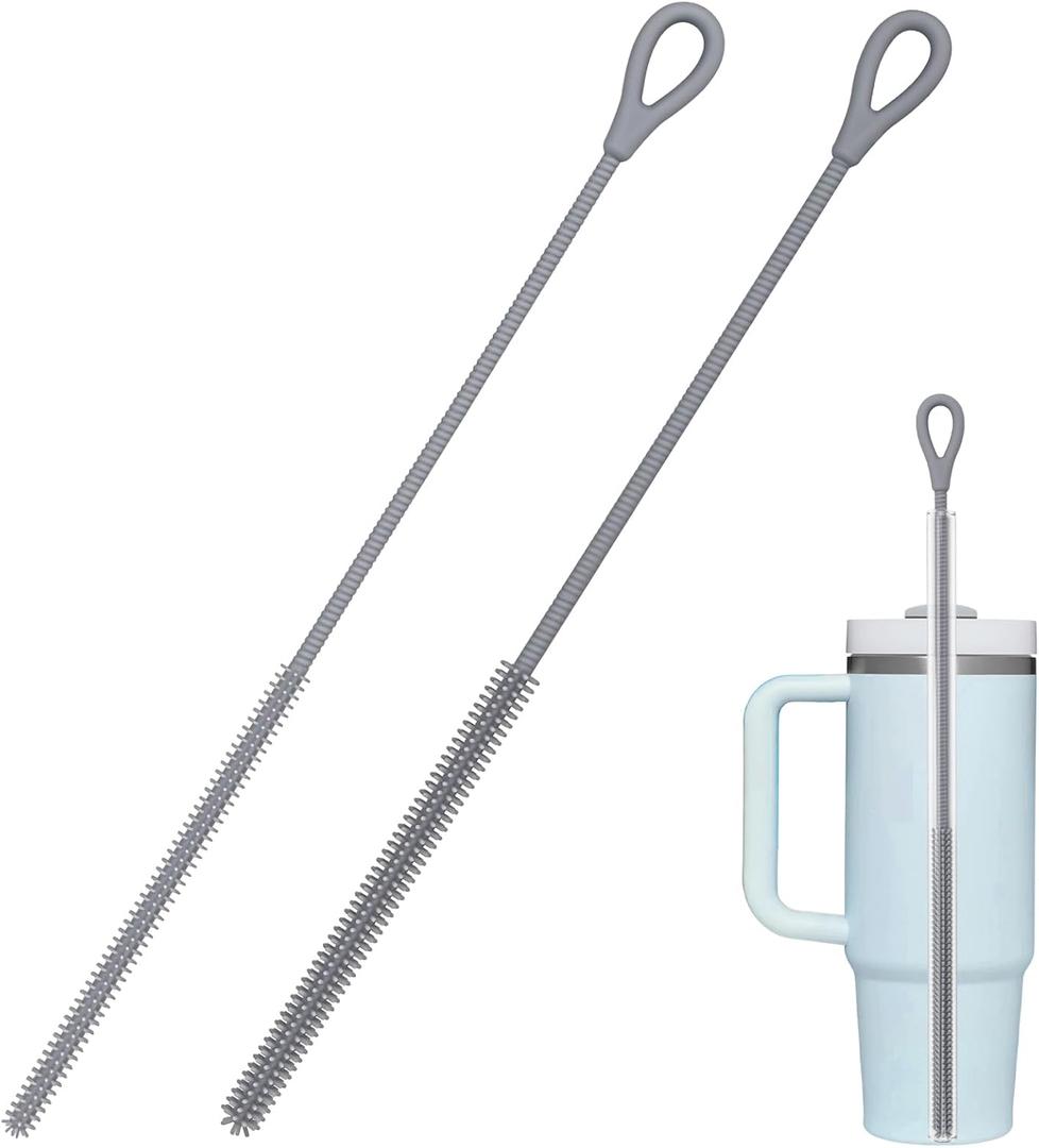 Silicone Straw Cleaner Brush, 2Pcs Straw Cleaner Brush Extra Long, Straw Brush Bristles Cleaner Brush for Cleaning Stanley, Metal Glass Straws, Drink Lid (Grey) 